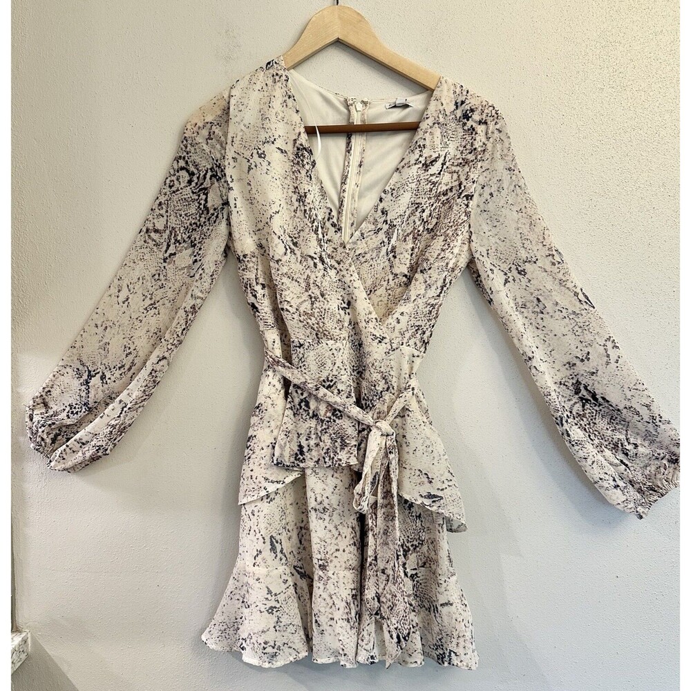 Love, Fire V-Neck Neutral Snake Long Sleeve Ruffle Wrap Dress NWOT - S